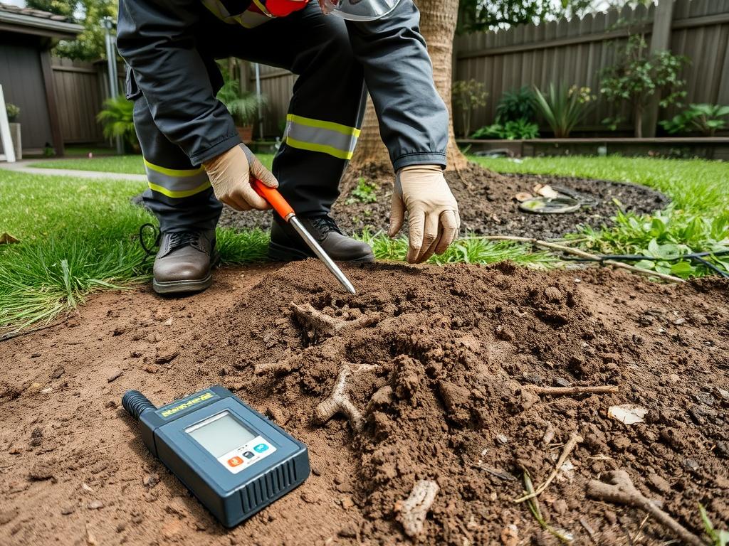 Arborist conducting soil assessment after emergency tree removal in Sydney Arborist conducting soil assessment after emergency tree removal in Sydney