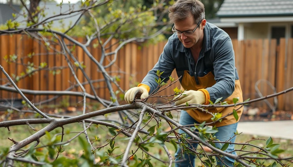 Homeowner safely clearing small branches after storm damage in Sydney Homeowner safely clearing small branches after storm damage in Sydney