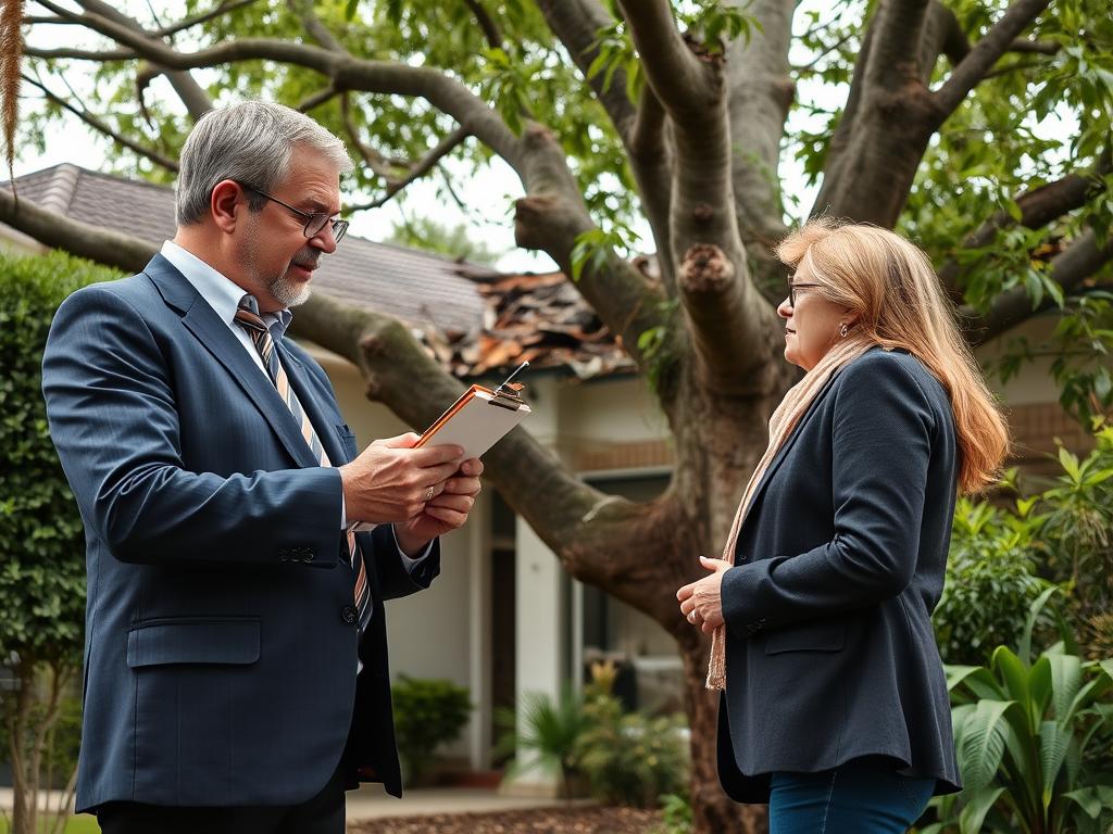 Insurance assessor examining tree damage to a Sydney home Insurance assessor examining tree damage to a Sydney home
