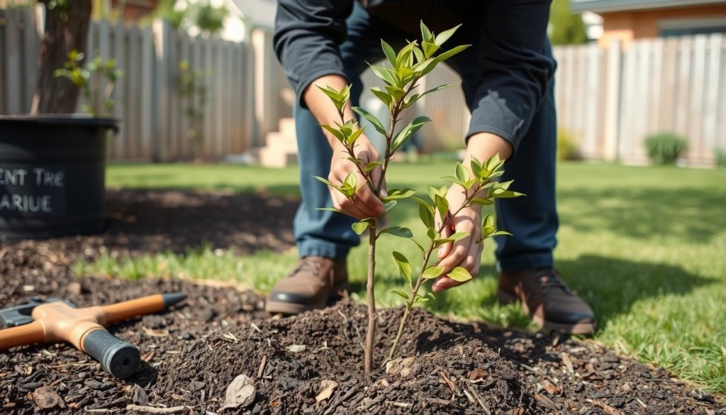 New tree being planted in Sydney garden after emergency removal New tree being planted in Sydney garden after emergency removal