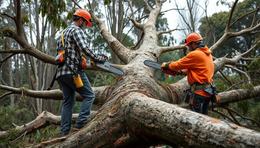 Person using chainsaw unsafely during DIY emergency tree removal in Sydney Person using chainsaw unsafely during DIY emergency tree removal in Sydney