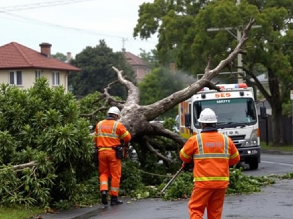 SES workers removing a fallen tree from a Sydney road after a storm SES workers removing a fallen tree from a Sydney road after a storm